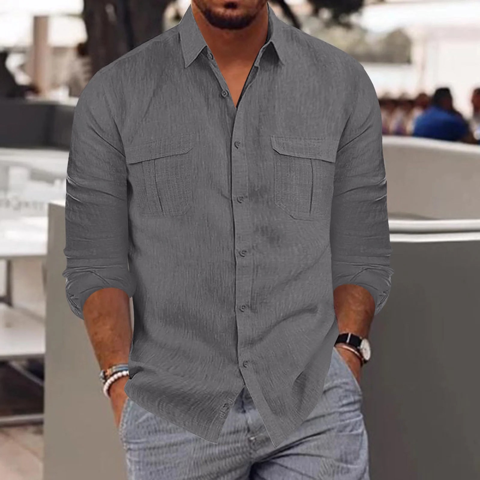 grey shirt with black suit