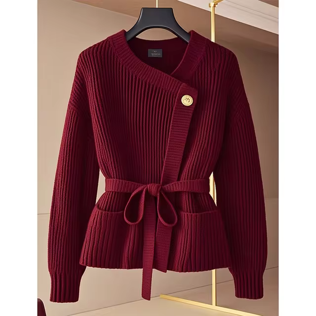 red cardigan sweater