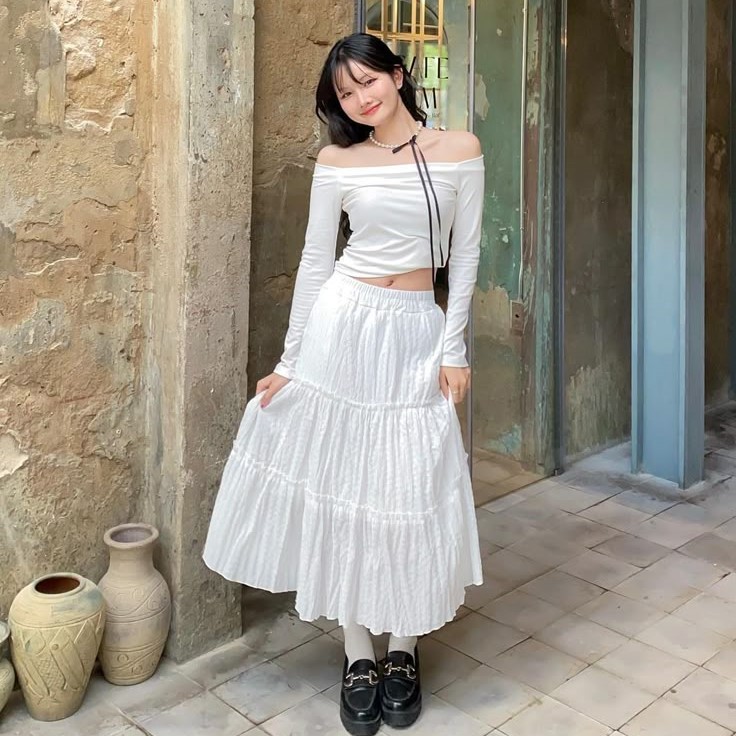 summer long white skirt outfit