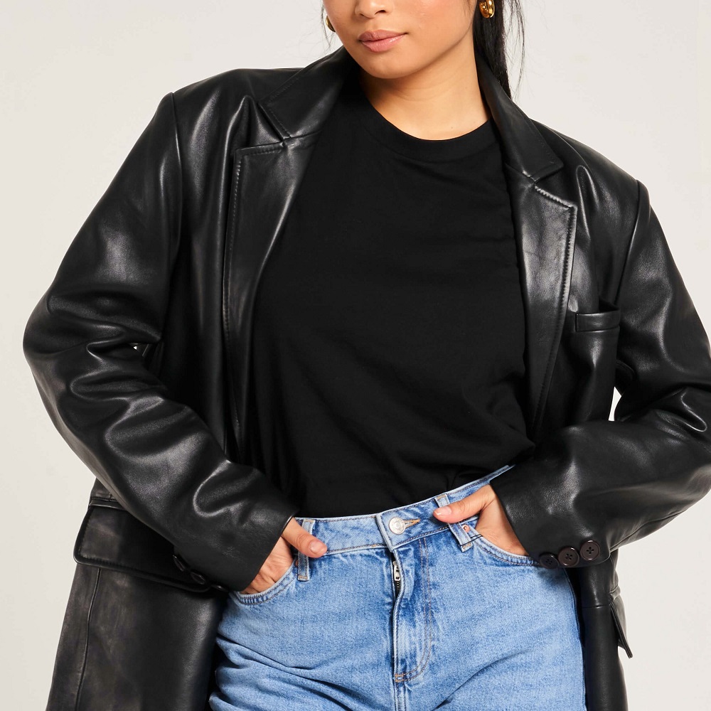womens black leather blazer
